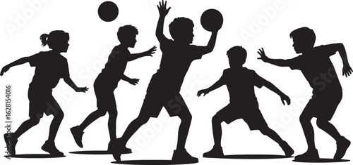 Silhouette Vector Illustration of Children Playing Handball on a Transparent Background