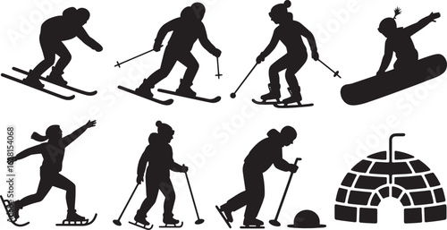 Silhouette Winter Sports Activities Set Skier Snowboarder Ice Skater Igloo on Transparent Background