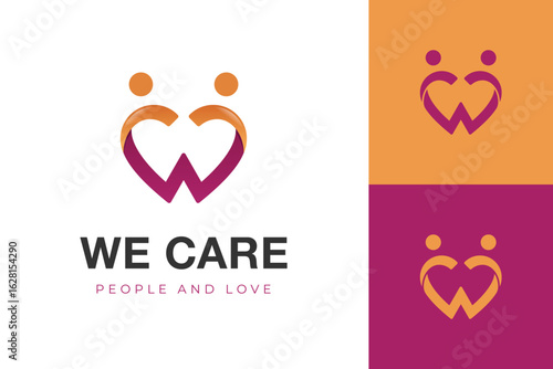 Initial letter W and people care concept symbol, Charity Logo Design for and Community care Love Organization, Parents, and community support projects.