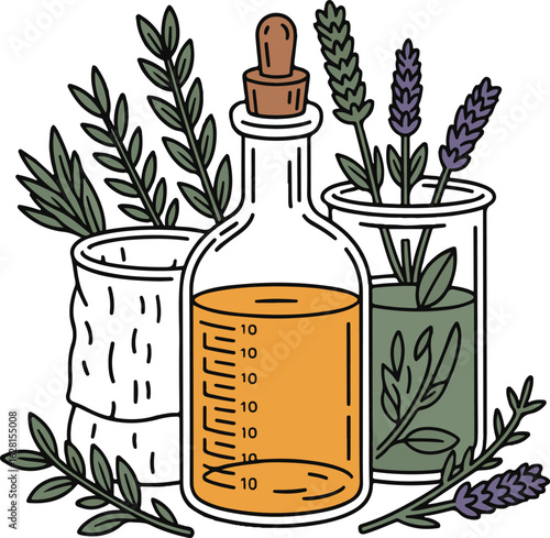 Herbal Tincture Outline Icon Set – Amber Dropper Bottle, Graduated Beaker, Maceration Jar, Straining Cloth, and Herb Sprigs