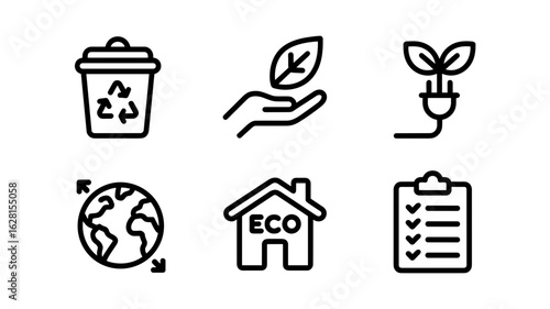 Doodle line art icons of recycling bin, hand holding leaf, eco plug, Earth, eco house and checklist
