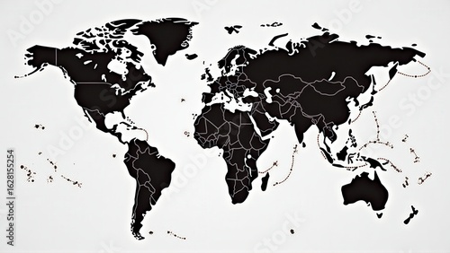 Detailed world map illustration with black continents and gray borders on a white background.