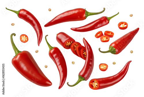 Fresh red chili peppers isolated on a black background with seeds scattered around for cooking