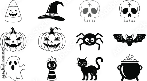 Halloween icons set vector illustration black and white art
