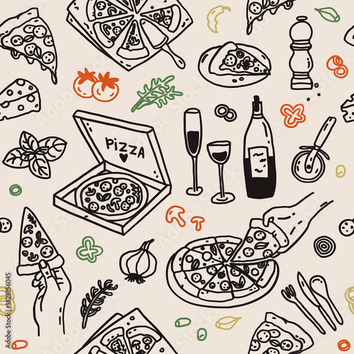 Seamless pattern with whimsical pizza food wine party line art sketch background. Whimsy mediterranean dinner summer hand drawn doodle print. Wedding coquette vector print fabric illustration