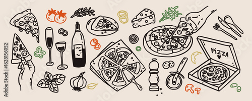 Whimsical Italian pizza food line art doodle sketch. Whimsy mediterranean wine dinner, hand holding pizza slice with cheese. Wedding coquette vector outline illustration
