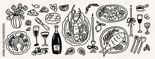 Whimsical seafood line art doodle sketch. Whimsy mediterranean wine italian dinner with fish, lobster, salmon and shrimp plate. Wedding table setting coquette vector outline illustration