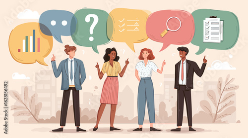 Four diverse business people standing and discussing ideas, wearing formal business attire, each pointing to colorful speech bubbles above their heads shaped like puzzle pieces.