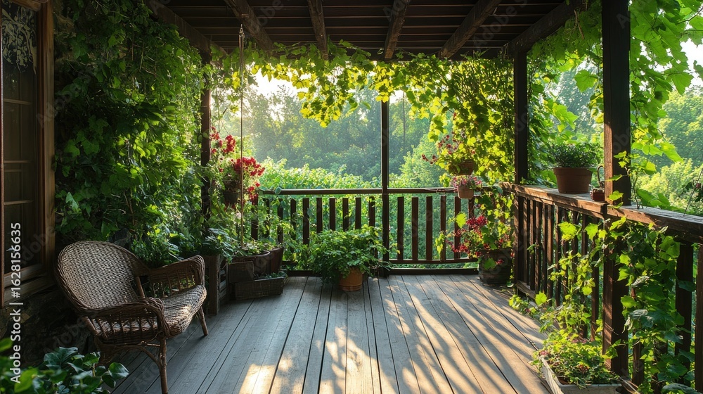 Obraz premium Wooden balcony adorned with climbing plants and vines, offering a peaceful retreat with nature all around