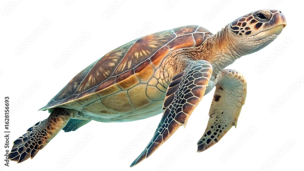 Fototapeta premium Macro image of a sea turtle swimming upward, patterned shell and flippers detailed under soft ambient light, isolated cleanly on white — ancient, slow, calm sea traveler. 