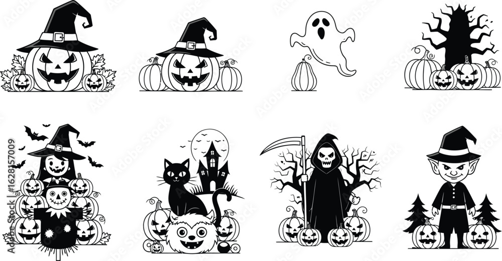 Naklejka premium Halloween vector illustration set with spooky characters and icons