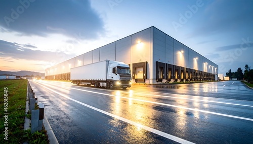 Truck in front of large warehouse at dawn