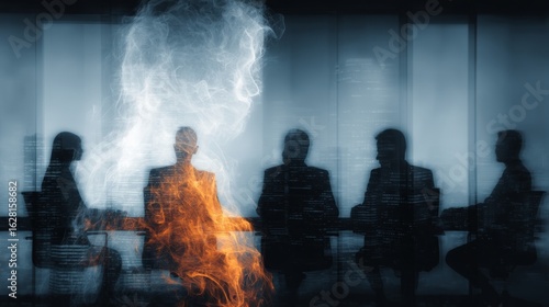 A tense corporate meeting scene with a man engulfed in flames at the center,
