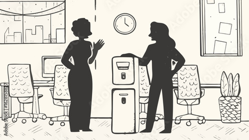 Two silhouettes converse in an office setting near a water cooler and office furniture and decor items | editable eps vectors