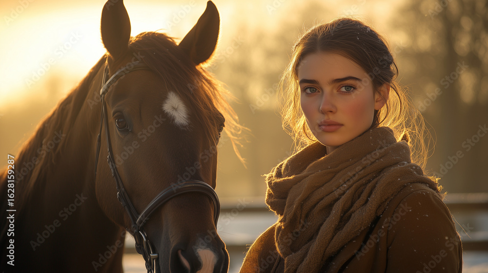 Obraz premium Young woman with long hair stands beside a brown horse, wrapped in a cozy scarf, during a golden hour sunset, capturing a serene moment in nature's beauty