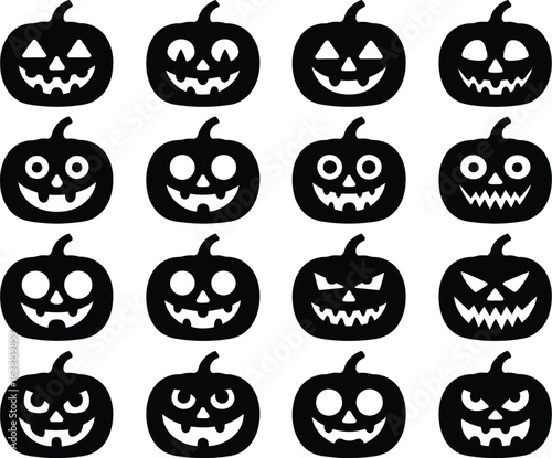 Collection of sixteen black Halloween jack-o'-lantern silhouette icons with various spooky and funny faces.