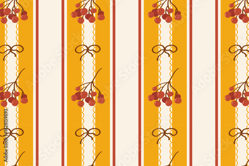 Autumn Rowanberry Vertical Stripes Pattern Ideal for Fabric, Wrapping Paper, or Seasonal Brandin. Bold vertical stripes with rowanberry sprigs in warm tones. 