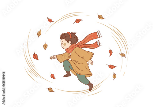 Child playing in fallen leaves while running with a scarf in autumn  