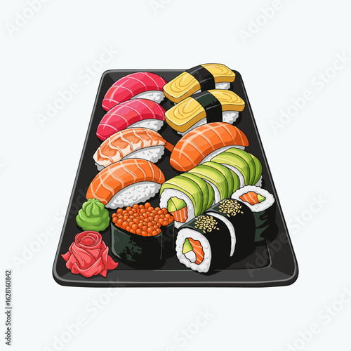 Various types of sushi on a black plate