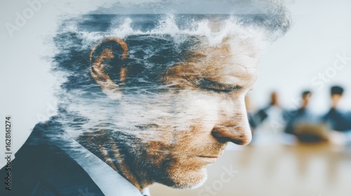 A person with a mental health metaphor face, waves crashing overhead,