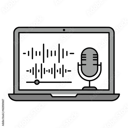 Digital Sound Studio. A sleek line art illustration showcases a laptop displaying an audio waveform with a classic microphone, representing a digital sound studio.