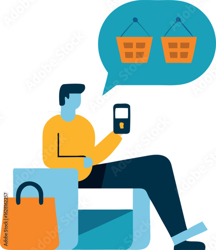 Blue skinned man with shopping bag envisions baskets, using smartphone on white