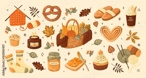 Autumn cozy set. Fall items - pumpkins, books, pastry, candle, mushrooms, and leaves. Vector.