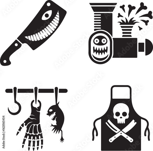 Horror, kitchen, icon, set, butcher, spooky, silhouette, vector, black, isolated, illustration, design, halloween, scary, haunted