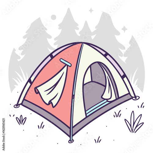 "Neon Camping Tent with Bonfire – Glowing Travel Adventure Icon for Outdoor Nature Trips"