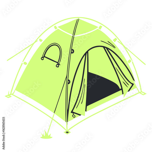 "Neon Camping Tent with Bonfire – Glowing Travel Adventure Icon for Outdoor Nature Trips"