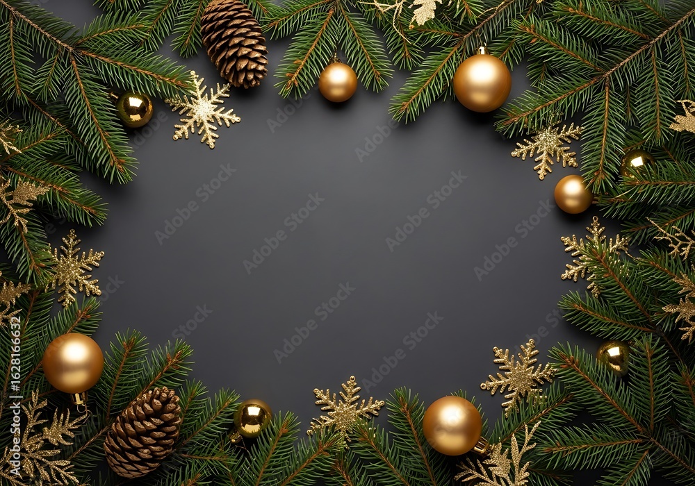 Christmas wreath with gold ornaments and snowflakes on dark background Christmas wreath with gold ornaments and snowflakes on dark background