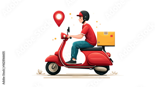 Vector illustration of a delivery man riding a red scooter, wearing a black helmet, red shirt, and blue pants, carrying a yellow delivery box on the back of the scooter.