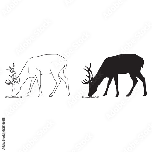 Watchful Deer Silhouette & Deer Lineart – Deer Vector Composition with Keen, Upright Posture – Black Vector of Deer – Vector Set of Deer

