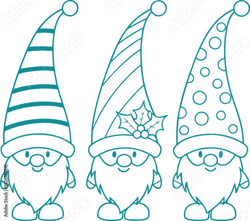 Three cheerful gnomes display striped, dotted, and hollyadorned hats outlined in teal transparent background