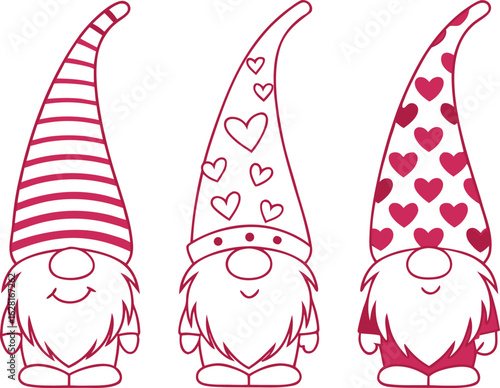 Three cute gnome outlines present striped and heartpatterned tall hats on a white background