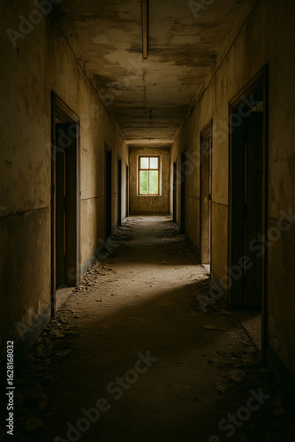 Dimly Lit Corridor in an Abandoned Building