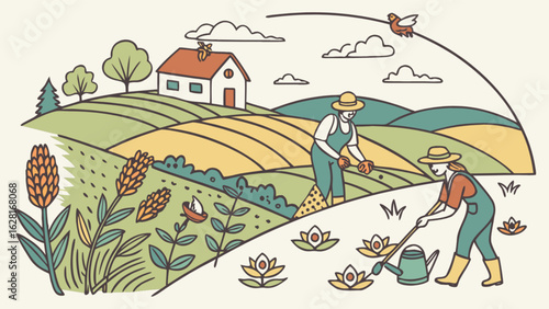 Illustration of sustainable agriculture farming with farmers and crops in a rural landscape scene