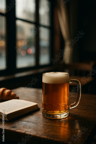 Glass Beer Mug with Amber Lager on Rustic Table