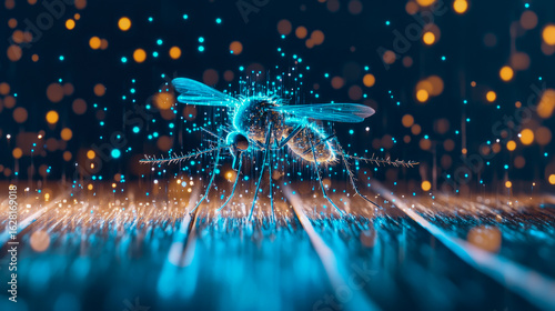 Glowing digital mosquito composed of energetic particles, representing advanced scientific research, genetic engineering, and bio-technological control amidst a bokeh-filled environment.