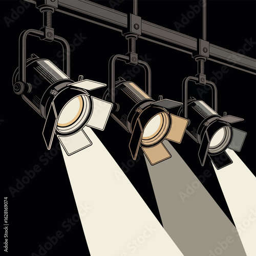 Three stage spotlights shining down with beams of light
