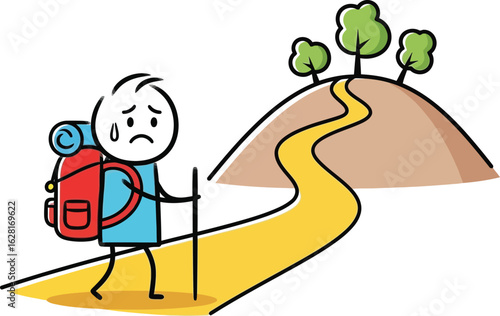 Stick figure hiking tired on mountain trail with backpack cartoon