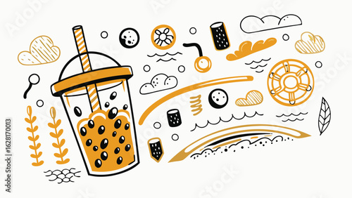 Doodle style boba tea with straw in a cup surrounded by clouds and ocean elements on a white background