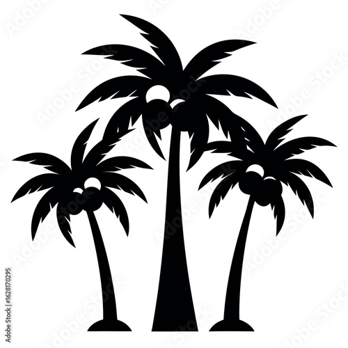 Bundle of six palm tree silhouettes with thick trunks isolated on white background silhouette