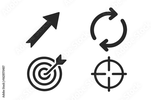 Business growth arrow, reload synchronize loop, dartboard bullseye with arrow, sniper crosshair icon set. Black direction arrow, refresh cycle sign, target success aim, focus accuracy symbol.