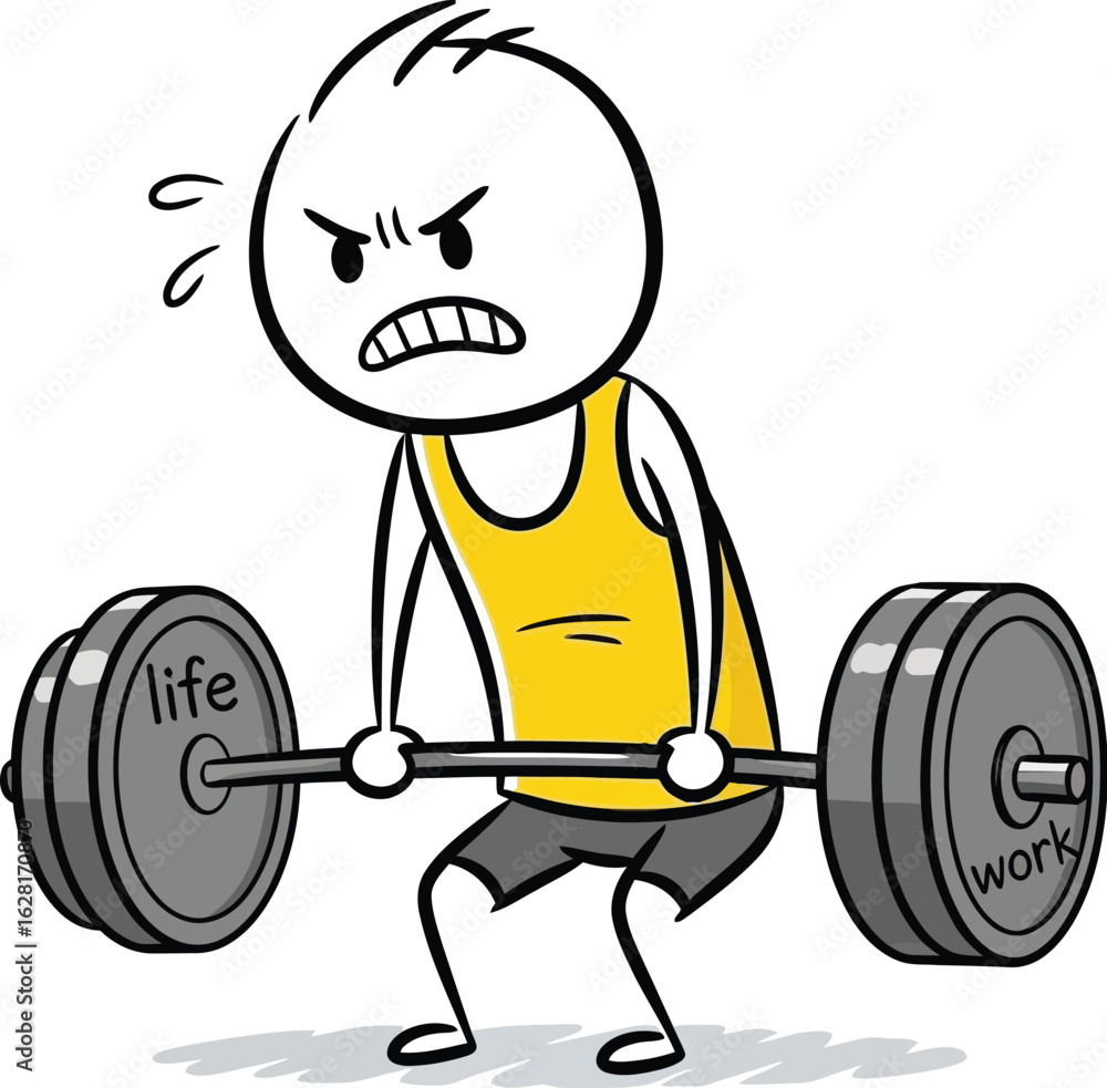 Naklejka premium Cartoon stick figure lifting weights balancing life and work hard