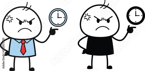 Angry boss pointing at clock time management vector illustration