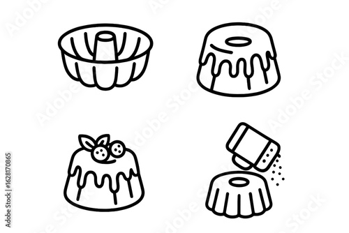 Outline vector icon set featuring mini bundt cake pan, glazed drizzle bundt cakes with berries topping and powdered sugar shaker, dessert bakery pastry symbols isolated on transparent background