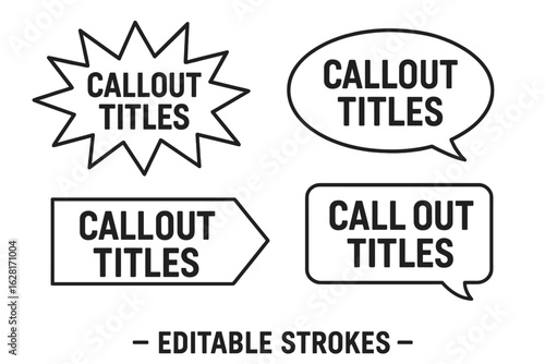 Callout title templates set, vector outline speech bubble, starburst, arrow banner, rectangular comic balloon, editable stroke, minimalist black line icons for marketing presentation infographics