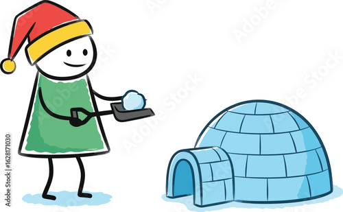 Stick figure building an igloo in winter snow cartoon illustration