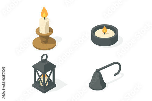 Isometric candle accessories icon set with burning pillar candle on brass stand, lit tealight in metal cup, vintage lantern, snuffer tool, home decor illumination collection vector illustration